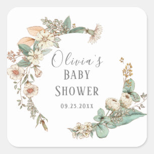 Adesivo Quadrado Coroa Floral Personalizada para Chá de Bebê