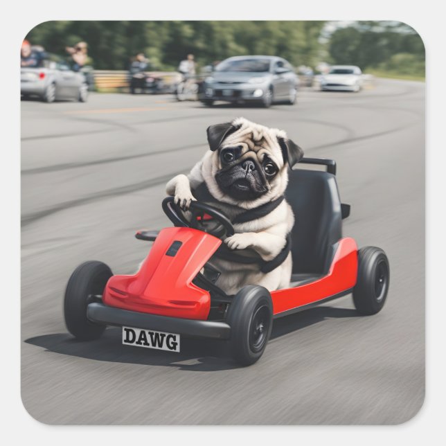 Adesivo Quadrado Corrida Pug go-kart (Frente)