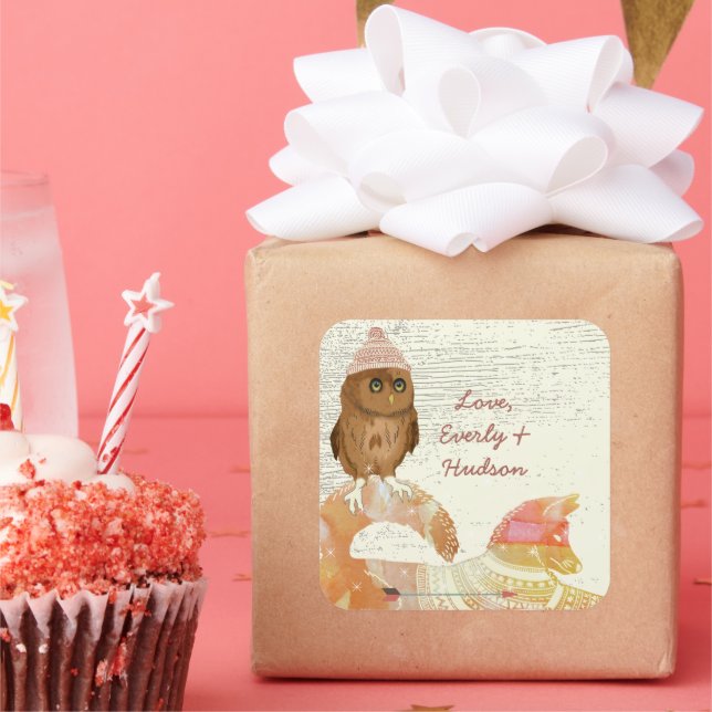 Adesivo Quadrado Coruja, Coruja, Coruja, Chapéus e Suéteres, Madeir (Festa)