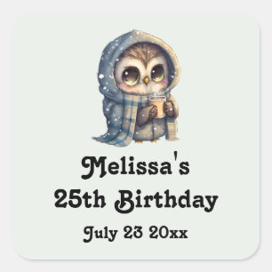 Adesivo Quadrado Coruja Cute de Olhos Grandes, segurando uma festa 