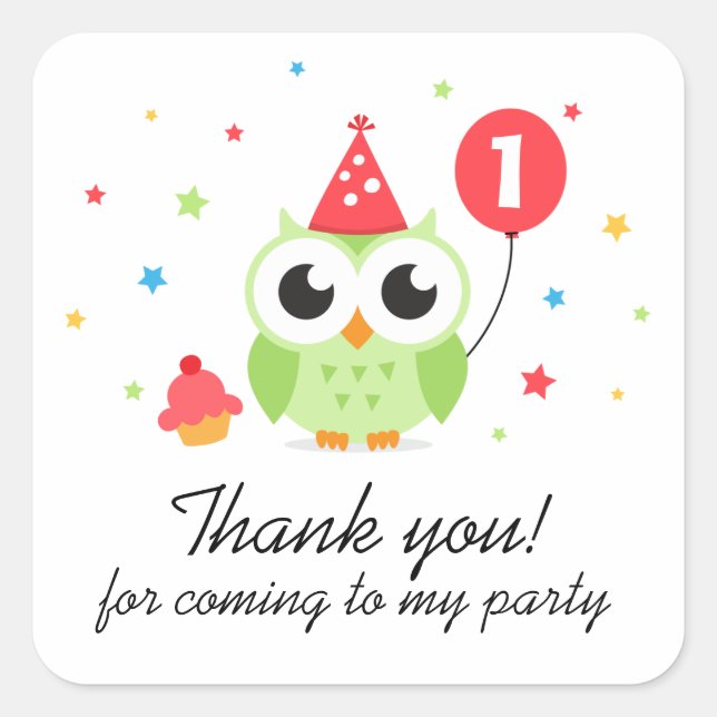 Adesivo Quadrado Coruja de festa verde com obrigado de aniversário  (Frente)