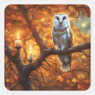 Adesivo Quadrado Coruja de Halloween em Velas de Folhas de Outono