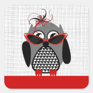 Adesivo Quadrado Coruja-Dente Com Óculos-De-Sol Vermelho E Vinheta-