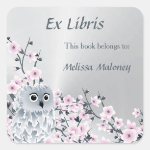 Adesivo Quadrado Coruja e Cerejeiras Ex Libris Marca de Livro
