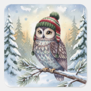 Adesivo Quadrado Coruja em Aquarela com um Chapéu de Inverno