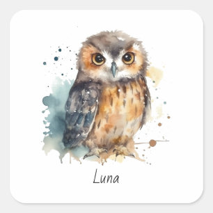 Adesivo Quadrado Coruja em Aquarela Fofa, personalizada