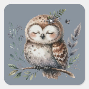 Adesivo Quadrado Coruja encantadora em aquarela com estilo floresta