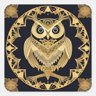 Adesivo Quadrado Coruja Ornamental Dourada com Desenho Decorativo