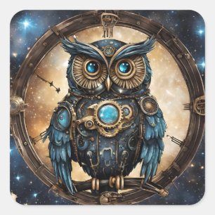 Adesivo Quadrado Coruja Steampunk Contra o Céu Galático