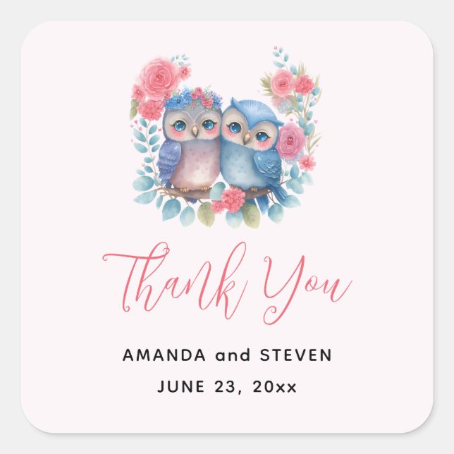 Adesivo Quadrado Corujas apaixonadas sentadas em um galho de árvore (Frente)