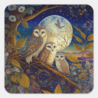 Adesivo Quadrado Corujas Presas Sob A Lua E Estrelas