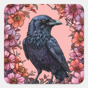 Adesivo Quadrado Corvo Preto Rodeado por Flores Rosa e Laranja