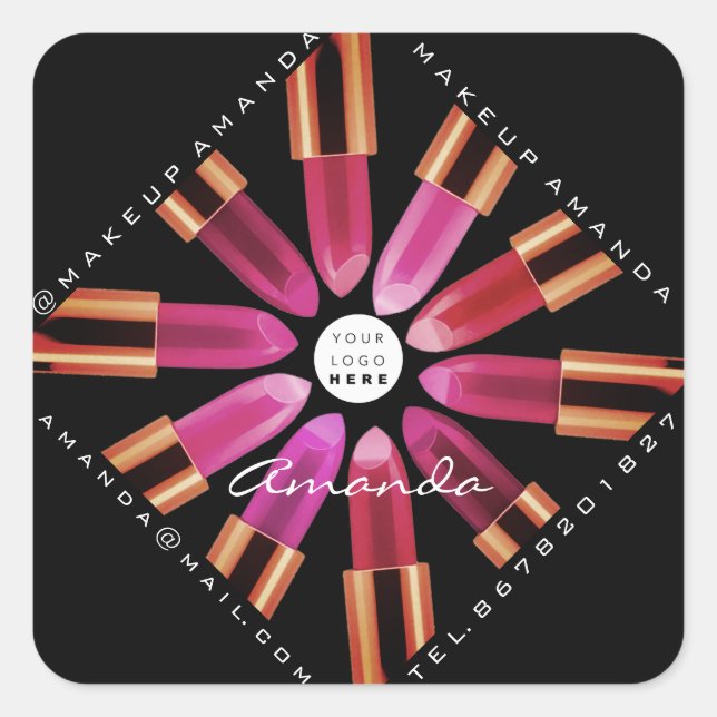 Adesivo Quadrado Cosmetica MakeCompra Dourada Líper Rosa Preto (Frente)