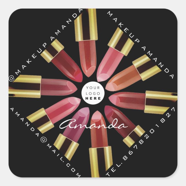 Adesivo Quadrado Cosmetica Makeup Rosa Dourado Lipsticks Preto (Frente)
