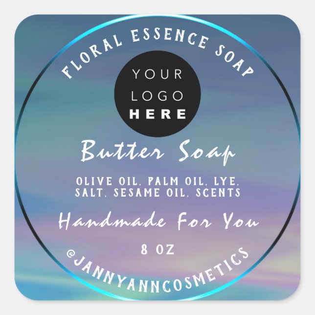Adesivo Quadrado Cosméticos de sabão da manteiga Holografia do logo (Frente)