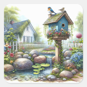 Adesivo Quadrado Cottagecore Casa de Pássaros Jardim Aquarela