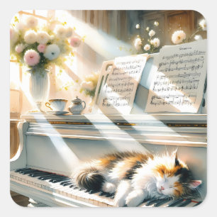 Adesivo Quadrado Cottagecore Sonhador de Piano Ensolarado com Gato