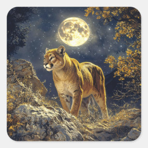 Adesivo Quadrado Cougar na Arte da Vida Selvagem à Lua