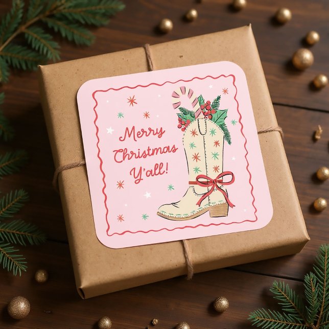Adesivo Quadrado Country Merry Christmas Y'all Cowboy Boot  ("merry Christmas y'all" gift stickers with hand-drawn cowboy boot)