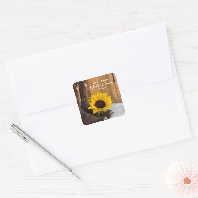 Adesivo Quadrado Country Sunflower Western Weding Save the Date (Envelope)