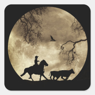 Adesivo Quadrado Country Western Cowboy and Horse Moon
