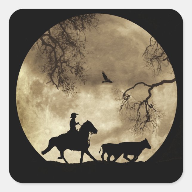 Adesivo Quadrado Country Western Cowboy and Horse Moon (Frente)