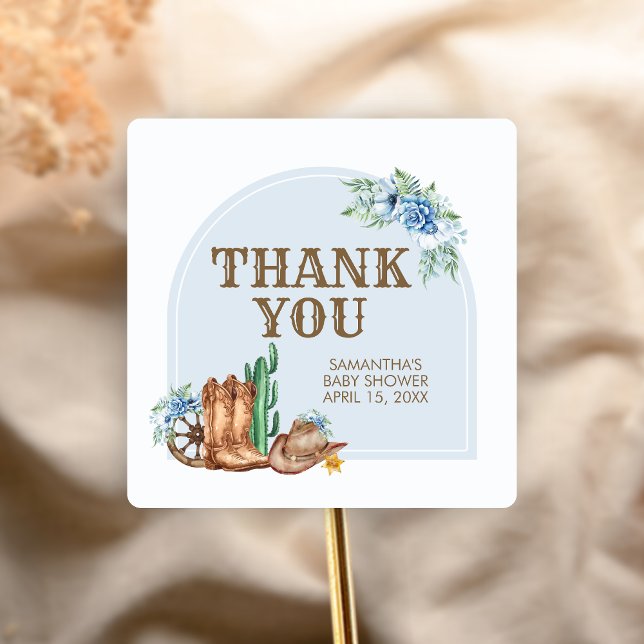 Adesivo Quadrado Cowboy Baby Shower (A Little Cowboy Baby Shower Sticker)