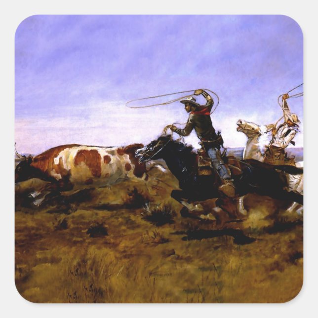 Adesivo Quadrado "Cowboys Roping a Steer", por Charles M Russell (Frente)