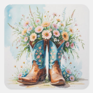 Adesivo Quadrado Cowgirl Boots Buquê Stickers   Tema Ocidental