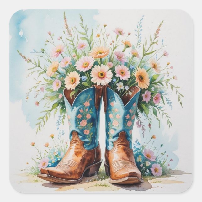 Adesivo Quadrado Cowgirl Boots Buquê Stickers | Tema Ocidental (Frente)
