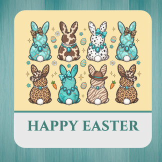 Adesivo Quadrado Cowgirl Leopard Print Blue Brown Easter Bunnies