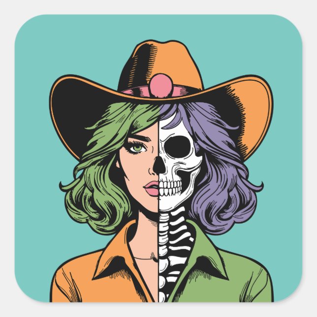 Adesivo Quadrado Cowgirl Skeleton Halloween Stickers (Frente)
