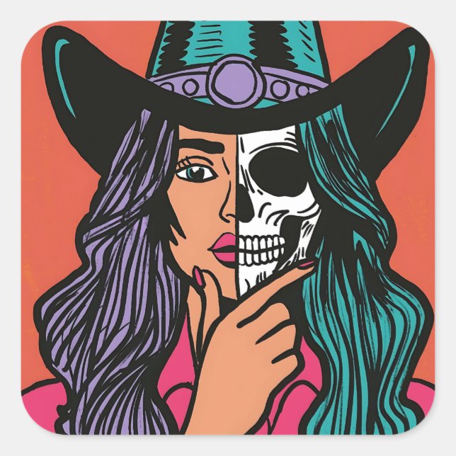 Adesivo Quadrado Cowgirl Skeleton Spooky Season Stickers (Frente)
