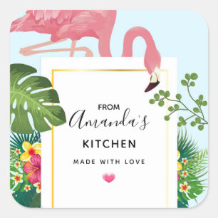 Adesivo Quadrado Cozinha Flamingo e Folhas Tropicais de Na moda cor
