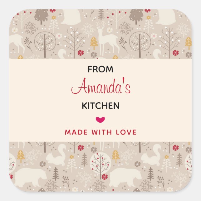 Adesivo Quadrado Cozinha-padrão nórdica de animais de madeira (Frente)