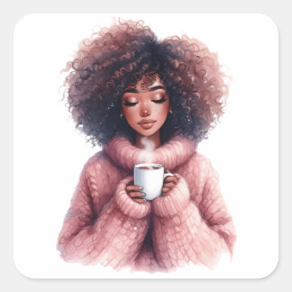 Adesivo Quadrado Cozy Afro Girl – Watercolor Winter sticker