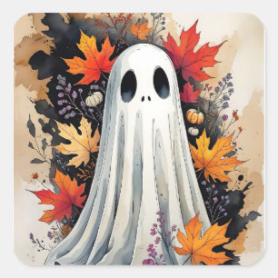 Adesivo Quadrado Cozy Autumn Ghost - Kawaii Halloween Watercolor Ar