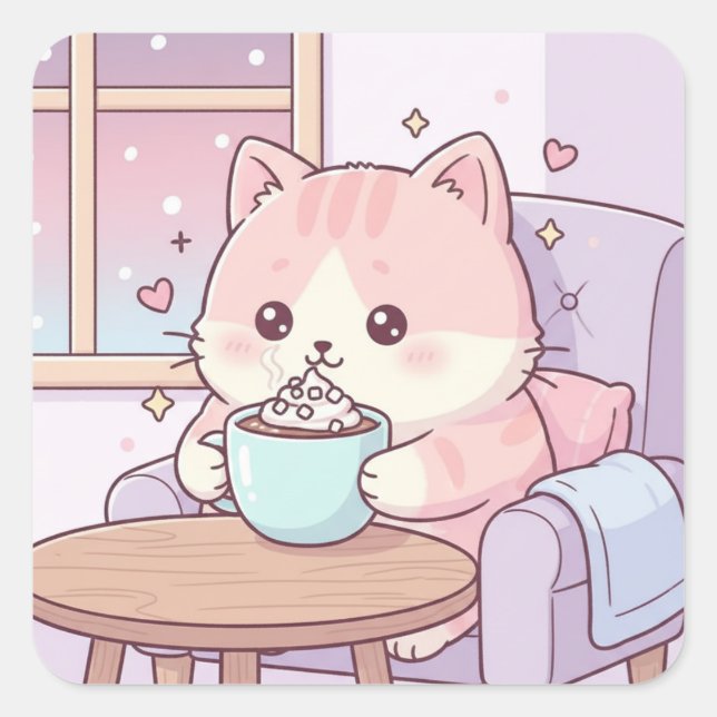 Adesivo Quadrado Cozy Cat Sticker – Cute Kawaii Pastel (Frente)