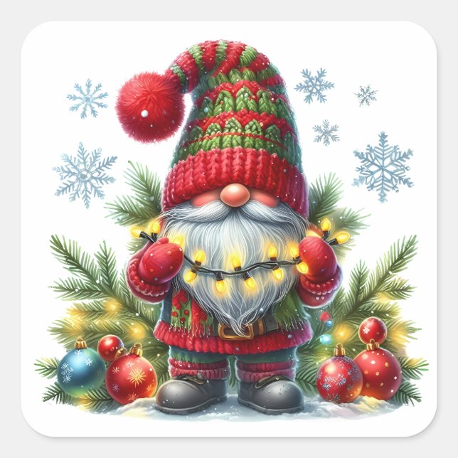 Adesivo Quadrado Cozy Christmas Gnome Art – Festive Holiday (Frente)