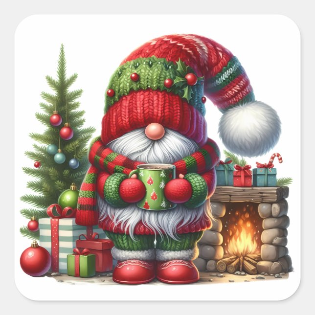 Adesivo Quadrado Cozy Christmas Gnome Art – Festive Holiday (Frente)