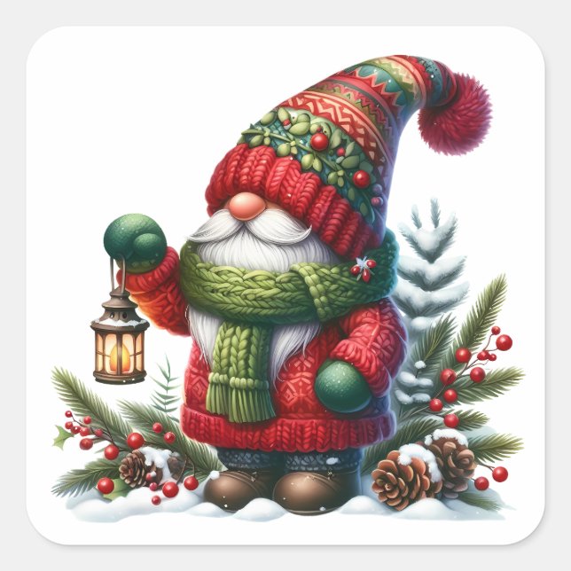 Adesivo Quadrado Cozy Christmas Gnome Art – Festive Holiday (Frente)