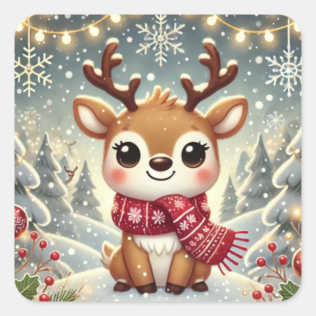 Adesivo Quadrado Cozy Christmas Reindeer in a Winter Wonderland (Frente)