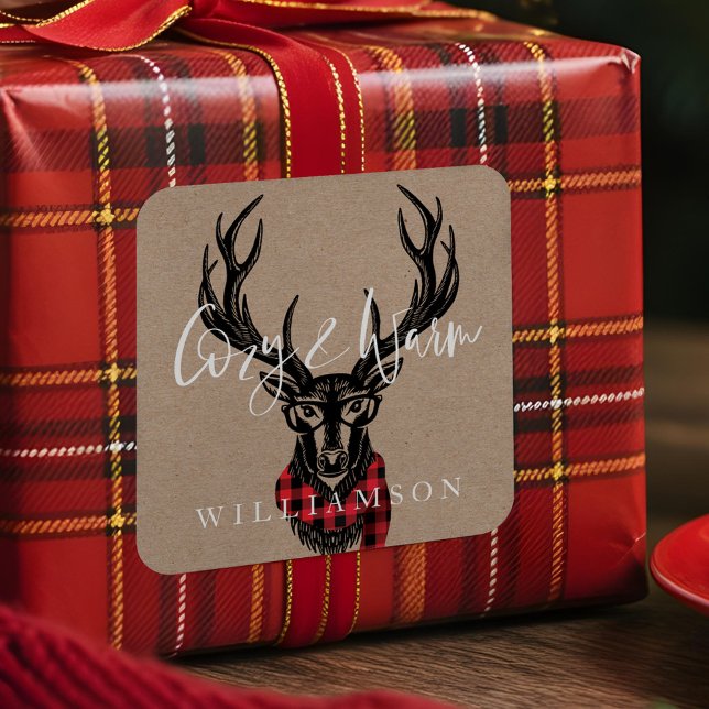 Adesivo Quadrado Cozy e Quente | Família de renas de Xadrez Red Buf (Cozy & Warm | Red Buffalo Plaid Reindeer Family Square Sticker)