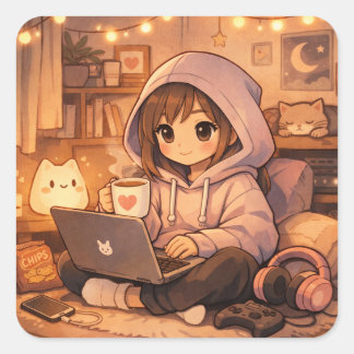 Adesivo Quadrado Cozy Gamer Introvert Aesthetic Hoodie Girl Gaming 