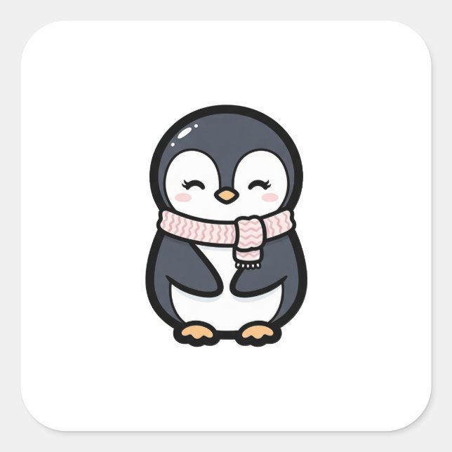 Adesivo Quadrado Cozy Penguin – Cute Kawaii Animal Illustration (Frente)