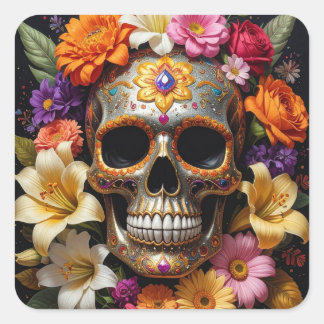 Adesivo Quadrado Cranio de Açúcar Ornamentado