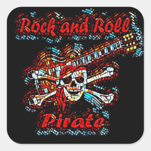 Adesivo Quadrado Crânio do pirata da guitarra do rock and roll