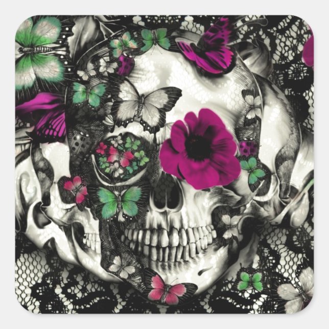 Adesivo Quadrado Crânio gótico vitoriano com sotaque rosa (Frente)