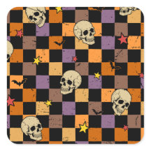 Crânios e morcegos de Halloween retrô em xadrez