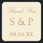 Adesivo Quadrado Cream Beige Weding Favor Obrigado Sticker<br><div class="desc">Cream Beige Wedding Favor Obrigado Sticker,  personalize com as iniciais do casal e a data do casamento,  usando a modelo de personalização online antes de fazer o pedido. Um adesivo adorável com texto na moda num tom ouro de bege sobre fundo creme.</div>